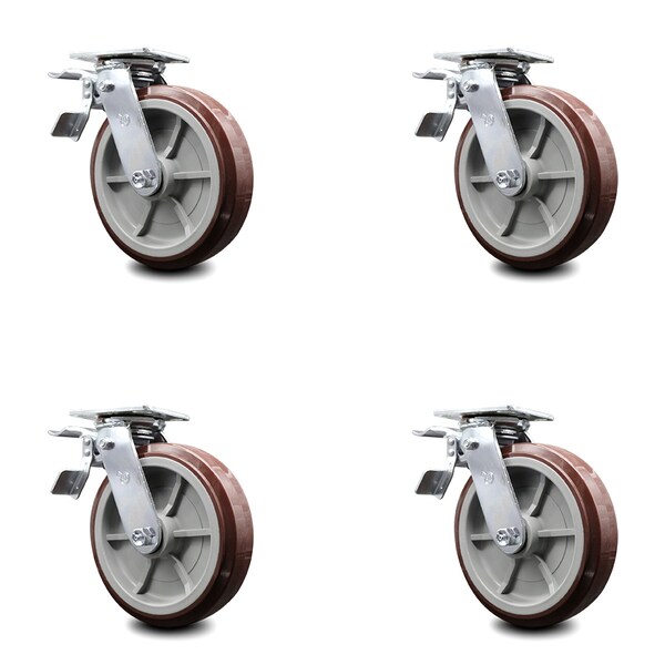 8 Inch Polyurethane Caster Set with Roller Bearings and Total Lock Brakes SCC
